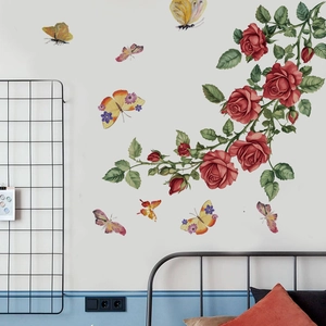 Stickers muraux élégants avec roses rouges et papillons pour la décoration intérieure