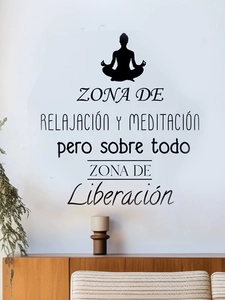 Detailed wall decal showing a meditation silhouette and Spanish relaxation text on white wall