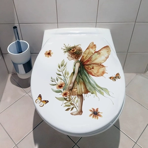 Waterproof self-adhesive toilet lid wall sticker with forest fairy and orange flowers