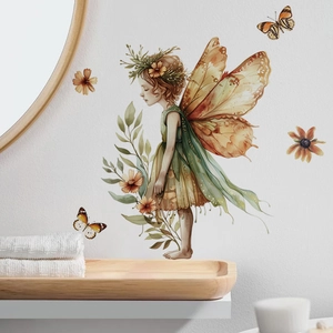 Artistic flower fairy wall decal with a butterfly design on a clean white living room wall