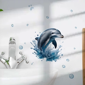 3D ocean dolphin wall sticker with blue bubbles for bathroom and home decor wall art