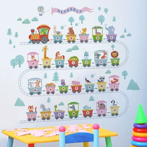 Cartoon animal train wall decals with A-Z alphabet for kids nursery and classroom decor
