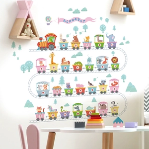 Cartoon animal alphabet train wall decal for kids room featuring 26 colorful letter carriages