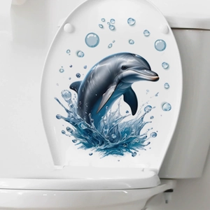 3D ocean dolphin wall sticker on a white toilet lid with splashing water and bubbles