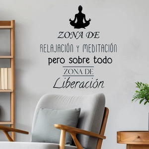 Meditating yoga silhouette wall sticker with Spanish quote for relaxation and zen room decor