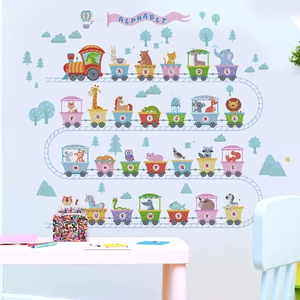 Cartoon animal alphabet train wall stickers in macaron colors for kids room decoration