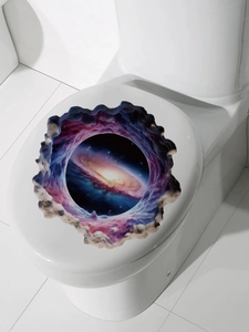 Detailed 3D cosmic galaxy nebula wall sticker applied on a white toilet cover lid