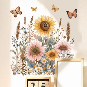 Self-adhesive sunflower and daisy wall stickers with colorful butterflies for home decor