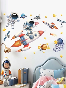Detailed wall sticker set featuring cartoon astronauts, rockets, and planets in a kids room