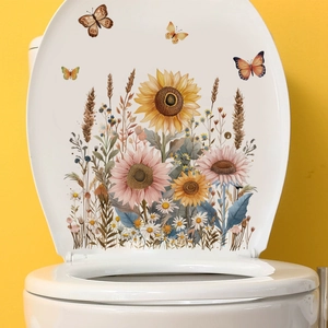 Self-adhesive sunflower and butterfly floral wall decals for bathroom toilet lid decoration