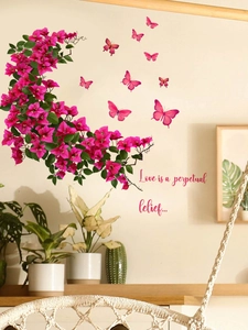 Détail de stickers muraux bougainvilliers roses avec papillons et citation d'amour