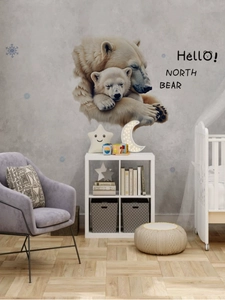 Detail showing polar bear mother and cub wall stickers with Hello North Bear text