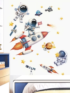 Cartoon astronaut wall stickers with rockets and planets for kids room decor