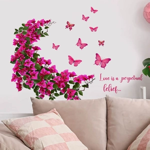 Stickers muraux fleurs bougainvilliers roses et papillons pour décoration intérieure