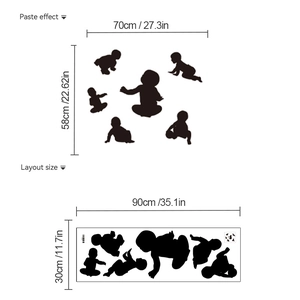 Self-adhesive baby silhouette wall stickers set for nursery decor showing layout and size