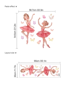 Vue détaillée du sticker mural ballerine rose avec dimensions et effet de collage