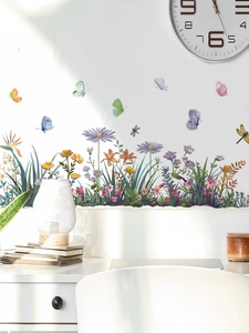 Detail of floral wall decals featuring watercolor flowers and butterflies in a home office