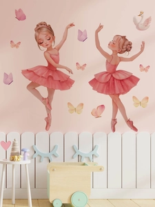 Détail d'autocollant mural ballerine rose avec cygne et papillons pour chambre d'enfant