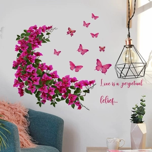 Stickers muraux bougainvillier rose avec papillons et citation pour salon moderne