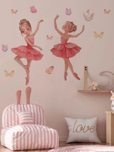 Détail de stickers muraux ballerine rose avec cygne et papillons pour chambre d'enfant