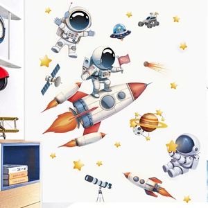Cartoon astronaut and space theme wall stickers with rockets and planets for kids room