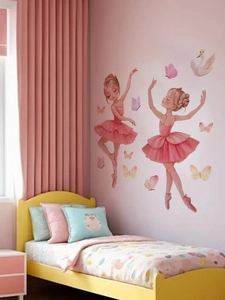Détails de stickers ballerine rose avec cygne à couronne dorée dans une chambre d'enfant