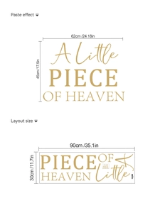 Detailed size chart for 'A Little Piece of Heaven' gold foil baby shower wall decal stickers
