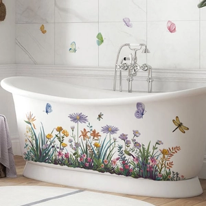 Floral butterfly wall stickers for bathtub and bathroom decor with colorful hand-painted flowers