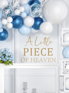 Blue and white balloon arch set with a little piece of heaven wall decal for baby shower