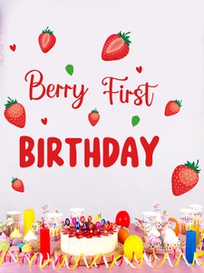 Detail of Berry First Birthday wall decal with realistic strawberry party decorations