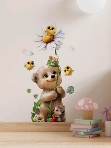 Detail of cartoon bear and hedgehog wall stickers for kids bedroom cozy decor