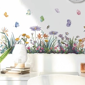 Vibrant garden wall stickers with colorful flowers and butterflies on white wall