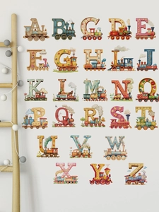Detailed view of educational A-Z alphabet steam train wall stickers for kids room decor