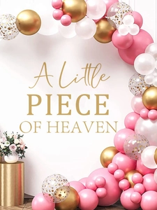 Pink and gold balloon arch with 'A Little PIECE OF HEAVEN' text for baby shower decor