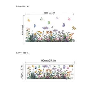 Self-adhesive floral wall sticker showing layout size and butterfly paste effect