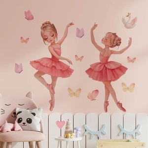 Stickers Muraux Danseuse de Ballet Rose pour Chambre d'Enfant Décoration de Nurserie PVC Imperméable Autocollant d'Art DIY Avec Cygne et Papillons