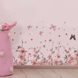 Pink vine floral wall stickers with butterflies for living room bedroom wall decor