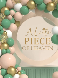 Sage green and gold balloon arch kit with A Little Piece of Heaven backdrop sticker