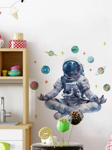 Detailed wall art view of astronaut meditating amidst colorful planets and stars