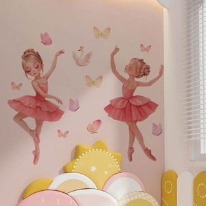 Stickers muraux ballerine avec cygne rose et papillons pour chambre d'enfant