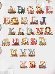 Detailed wall display of 26 alphabet cartoon train stickers for kids room decor