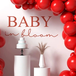 Red Baby in Bloom balloon arch set for baby shower backdrop and gender reveal wall decor