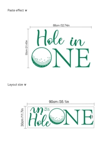 Detailed dimensions of Hole in One golf wall decal with 90x30cm layout size for party decor