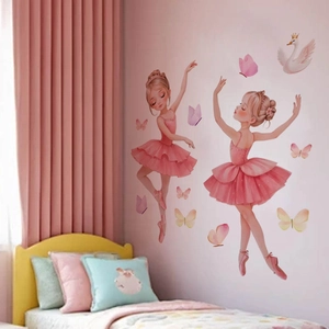 Stickers muraux danseuse de ballet rose avec papillons et cygne pour chambre d'enfant