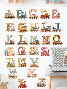 Detailed view of educational 26 alphabet cartoon train wall stickers in a kids bedroom