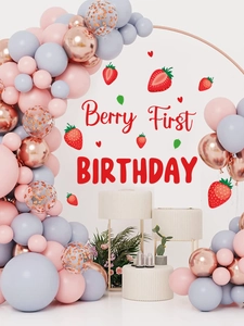 Macro shot of Berry First Birthday party wall stickers with strawberry theme decals