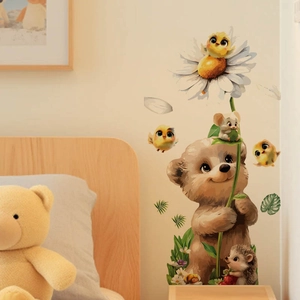 Cartoon brown bear with white daisy wall sticker for kids room wall art decor
