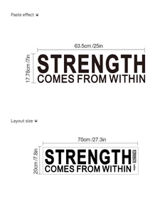 Detailed dimensions and layout for the Strength Comes From Within wall sticker