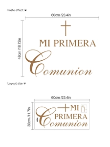 Détail montrant les dimensions et la disposition des stickers muraux Mi Primera Comunión