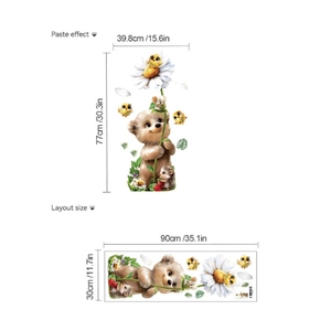 Cartoon brown bear and daisy wall sticker for kids room wall art home decoration